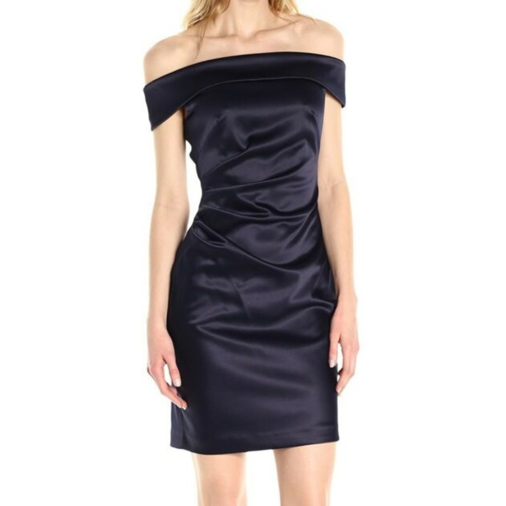 Retro / Rockabilly Blue Satin Off Shoulder Sheath
